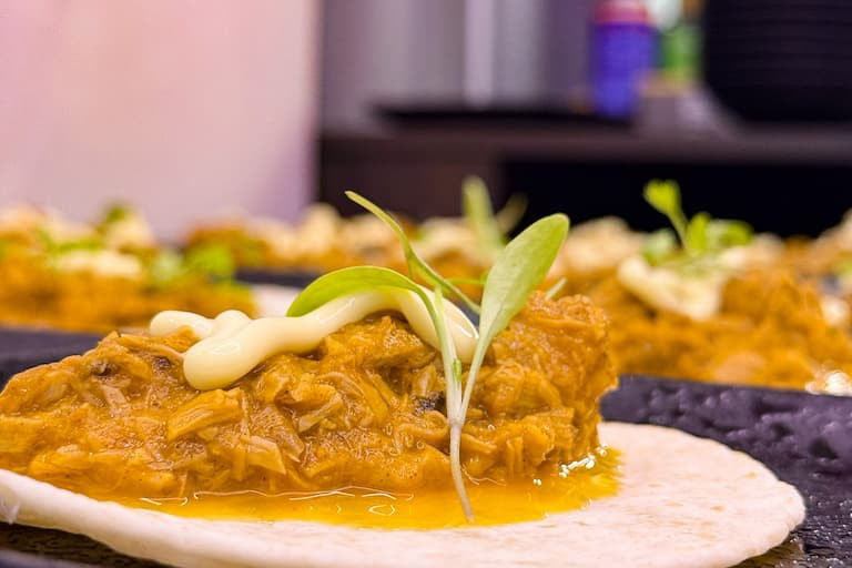 Tortilla topped with shredded meat in sauce and a microgreen garnish on a dark plate, close-up.
