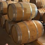 Row of wooden wine barrels stacked on racks in a cellar, with the Benibaldo logo visible in the corner.
