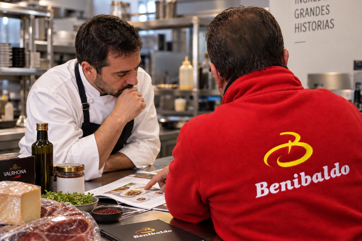 Two chefs study a cookbook at a stainless steel kitchen counter, discussing a recipe with ingredients laid out nearby