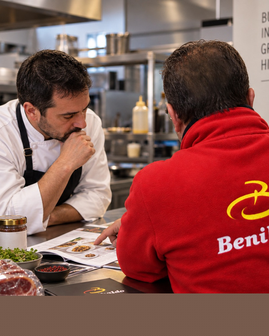 Two chefs study a cookbook at a stainless steel kitchen counter, discussing a recipe with ingredients laid out nearby